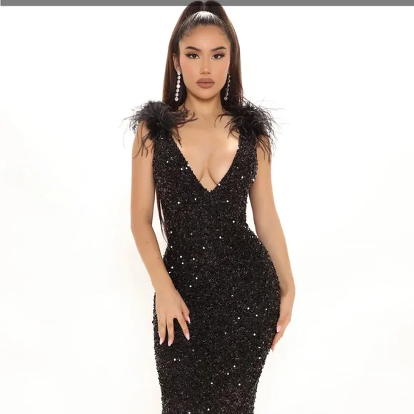 fashion nova sequins dress Satin Dress with Asymmetrical Neckline